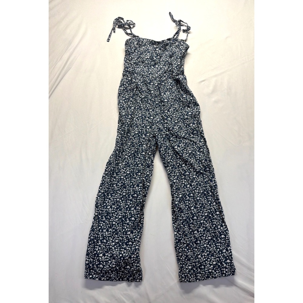 Old Navy Jumpsuit Womens Medium Blue White Floral Sleeveless Tie Shoulder Straps